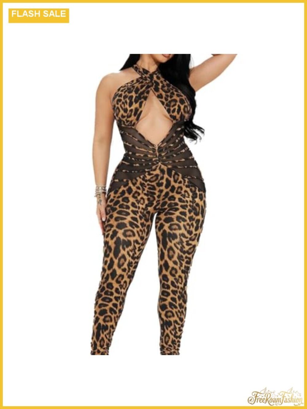 Women Bodycon Romper Leopard Print Halter Jumpsuit Casual One Piece
